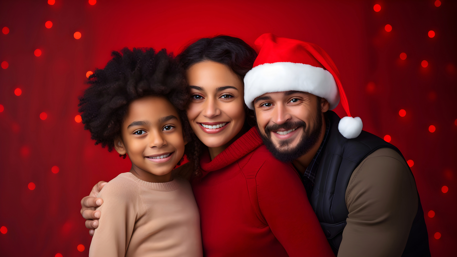 Christmas photoshoot with diverse family posing and smiling with red backdrop.